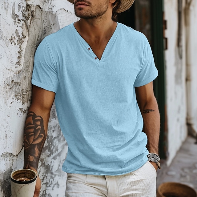  رجالي قميص هينلي تي الأعلى كم قصير سهل موضة مصمم أساسي V-neck V رقبة عطلة شارع مناسب للخارج الصيف أزرق فاتح أسود أبيض تي شيرت هنلي