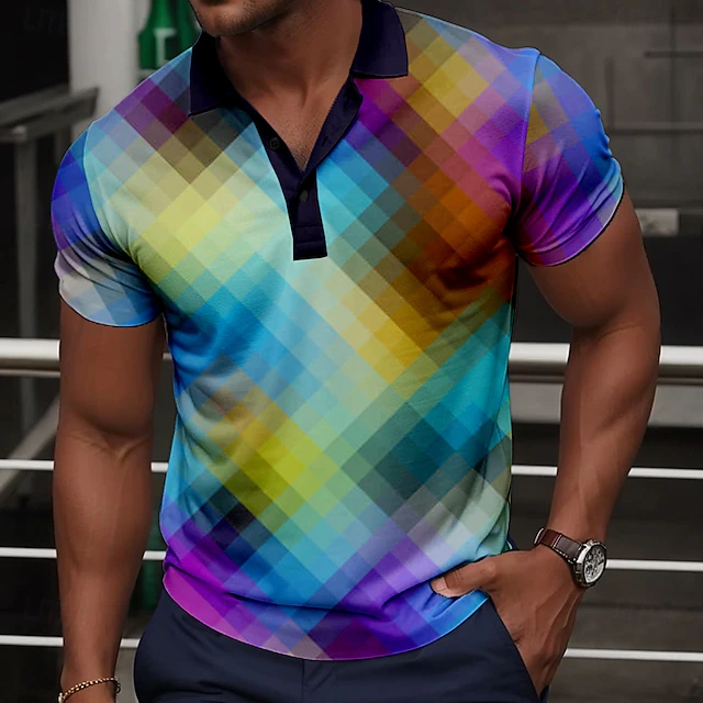 Men's Plaid Golf Shirt Short Sleeve Polo Shirts Collared Shirts Vintage Casual Vacation Wear Formal Wear Festival Wear Buttons 3D Print Summer Black Blue Orange 6