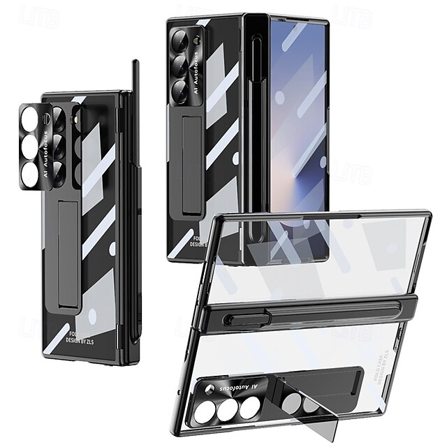  telefon Ügy Kompatibilitás Samsung Galaxy Z Hajtogatás 6 Z Fold 5 Z Fold 4 Z Fold 3 Fekete tok Állvánnyal és Képernyővédő Mágneses Retro Páncél PC Fém