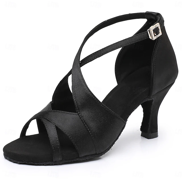 Women's Black Satin Cross-Strap Ballroom Dance Shoes with Open Toe, Perfect Heels for Latin and Salsa Dancing 18