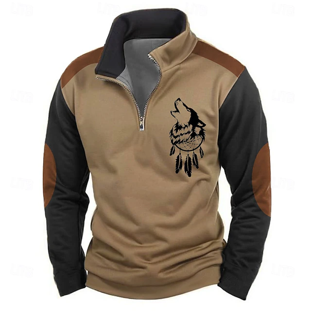 Men's Wolf Sweatshirts Quarter Zip Sweatshirt Long Sleeve Sweatshirt Stand Collar Half Zip Basic Vintage Retro 3D Printing Hunting Zipper Half Zip Winter Spring & Fall 6
