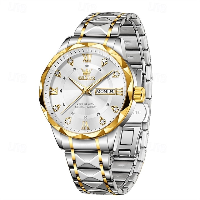  Nieuwe Olevs Merk Heren Luminous Commerciële Zakelijke Stalen Band Horloge Kalender Week Weergave Modetrend Waterdicht Eenvoudige Vrijetijd Quartz Horloge Diamantvormige Spiegel Sporthorloge