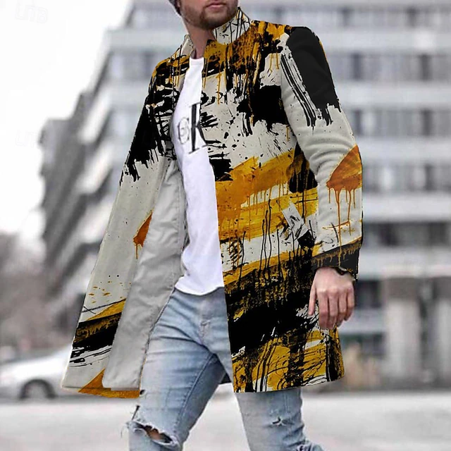 Men's Oil Painting Winter Coat Overcoat Coat With Pockets Casual Vacation Daily Wear Going out Print Front Pocket Fall & Winter Turndown Long Sleeve khaki4