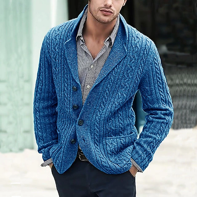 Men's Cropped Sweater Cardigan Sweater Knit Sweater Ribbed Knit Regular Button Up Side Pockets Solid Color Lapel Fashion Classic Daily Wear Date Clothing Apparel Fall & Winter Black Blue M L XL 6