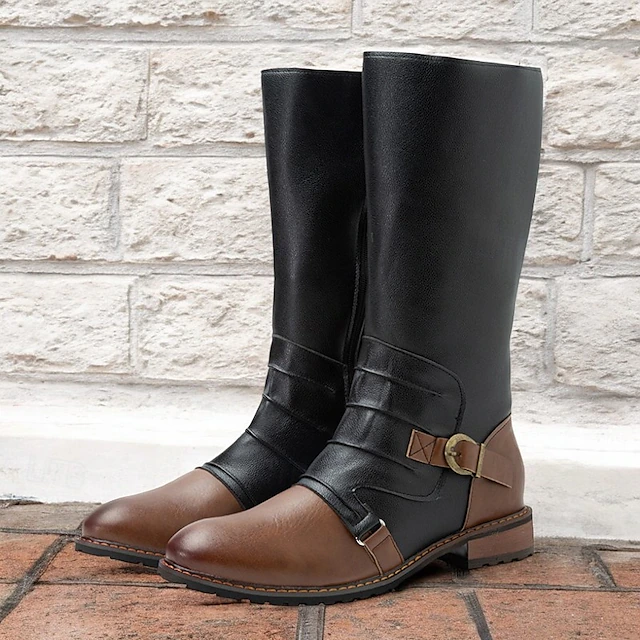 Men's Vintage Black and Brown Leather Riding Boots - Retro Knee-High Boots with Buckle Detail for Casual and Outdoor Wear 9