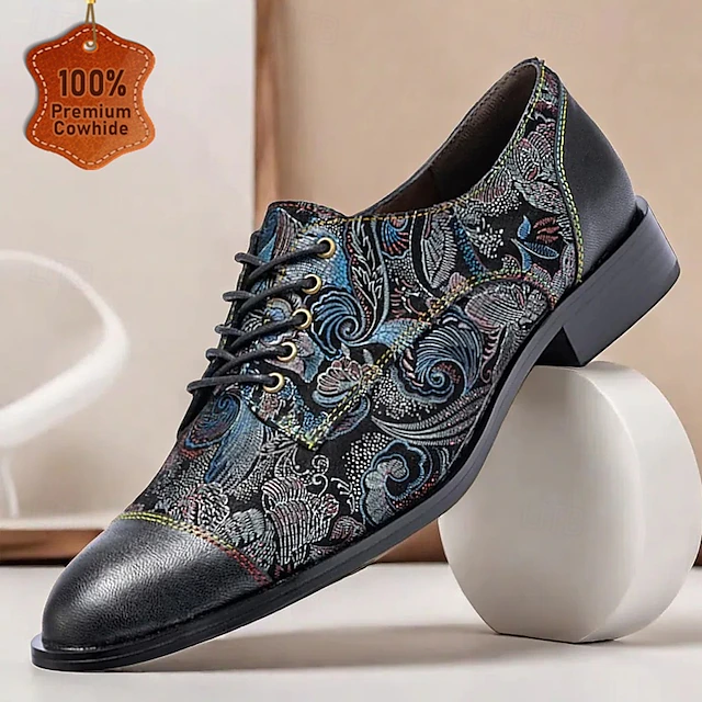 Men's Jacquard Fabric Floral Pattern Lace-Up Oxford Shoes with Leather Accents - Elegant and Stylish Dress Shoes for Special Occasions 12