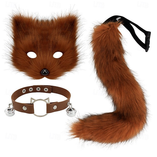  maschera di volpe in pelliccia sintetica, coda soffice di lupo e gatto e collana in pelle, set accessorio per costume da festa di carnevale e cosplay