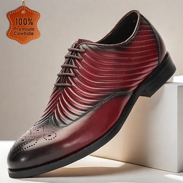 Men's Burgundy Leather Wingtip Oxford Dress Shoes - Stylish Formal Footwear for Weddings and Business Meetings 7