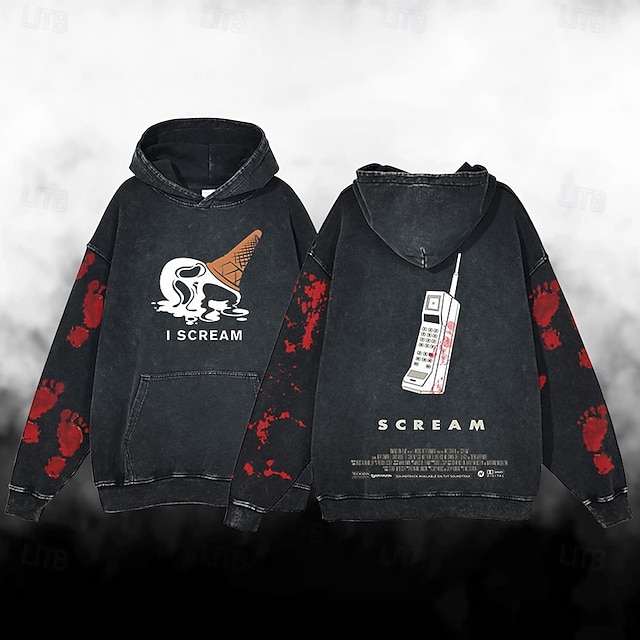  Halloween Schrei Geistergesicht Schädel/Skelett Kapuzenshirt Übergroßes Acid Washed T-Shirt Bedruckt Vordertasche Grafik Für Paar Herren Damen Erwachsene Maskerade Heißprägen Casual