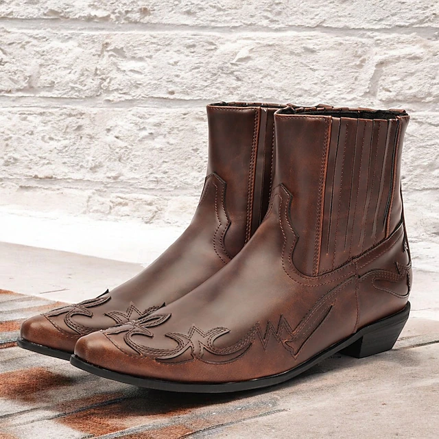 Men's Brown Faux Leather Western Ankle Boots - Vintage Style with Intricate Embroidery for Cowboy and Casual Wear 11