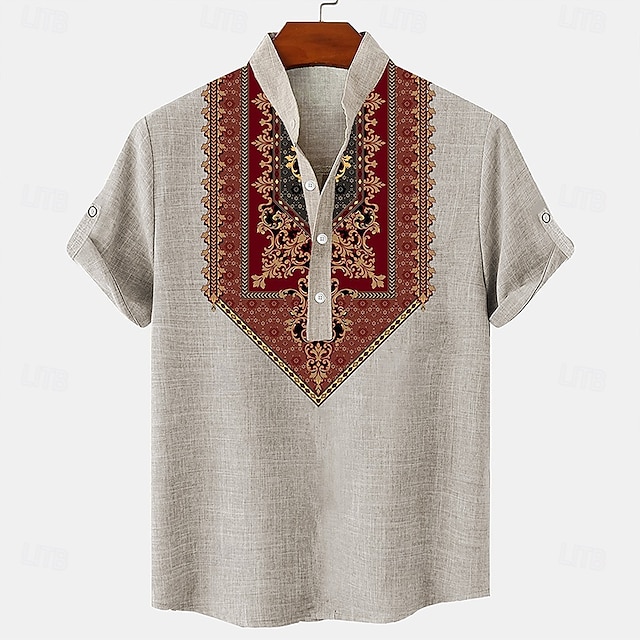  Bărbați cămașă de in Cămașă Henley cămăși retro Cămașă de epocă Cămașă etnică Έθνικ Vacanță Zilnice Trifoi Kaki Gri Manșon scurt Guler mandarin Vară Primăvară Îmbrăcăminte Nasturi