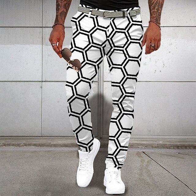 Men's Dress Pants Pocket 3D Print Buttons Plaid Full Length Formal Business Casual White Inelastic4