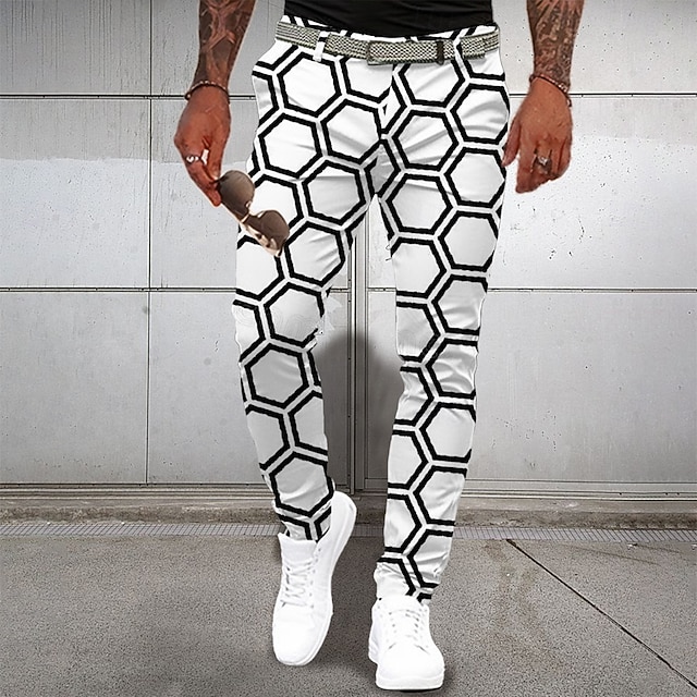 Men's Dress Pants Pocket 3D Print Buttons Plaid Full Length Formal Business Casual White Inelastic4