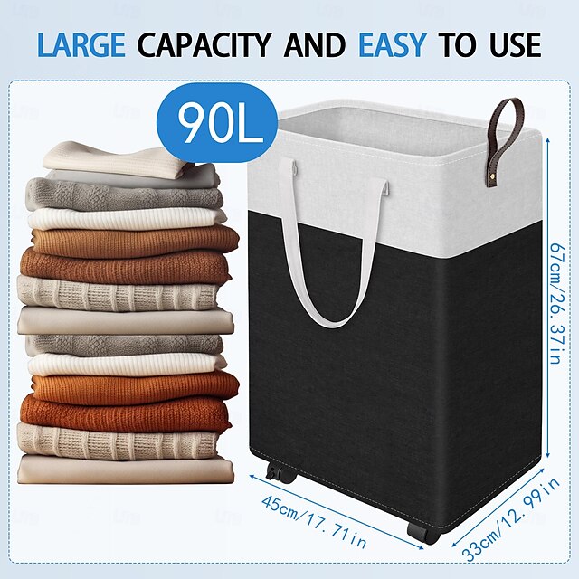  Laundry Hamper with Wheels and Lid, 75/90L Rolling Clothes Basket with Handle, Large Laundry Hamper for Bedroom, Bathroom, Dorm, Laundry Room