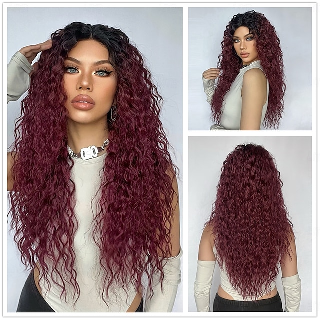  Perruque en dentelle synthétique Bouclé Style 26 pouce Brun avec des points forts dorés Partie médiane 13x5x1 Lace Front Perruque Femme Perruque Noir / Rouge