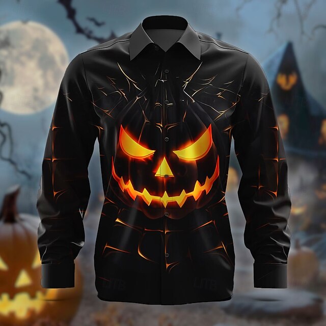 Halloween Men's Grimace Halloween Costumes Button Up Shirt Long Sleeve Horror Party Evening Wear Fall Winter Spring & Summer Shirt Collar 3D Print Orange4