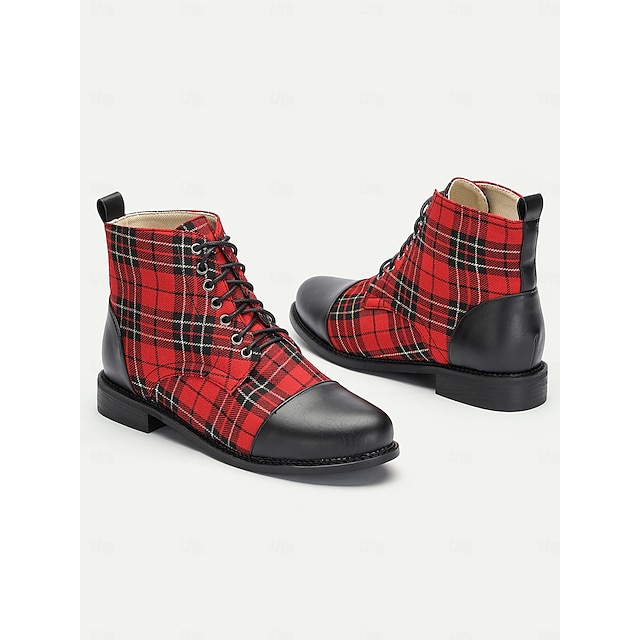  Women's Tartan Plaid Combat Boots with Black Leather Toe Cap - Stylish Lace-Up Ankle Boots for Casual Wear and Festive Occasions