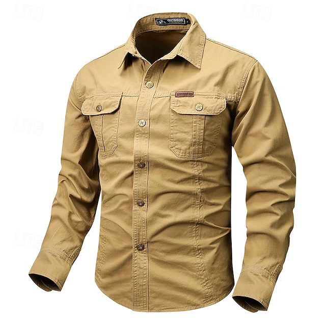 Men's Shirt Workwear Shirts Work Shirt Button Up Shirt Cargo Shirt Black White Red khaki Army Green Long Sleeve Plain Lapel Vacation Holiday Front Pocket Clothing Apparel 100% Cotton Fashion Casual 16