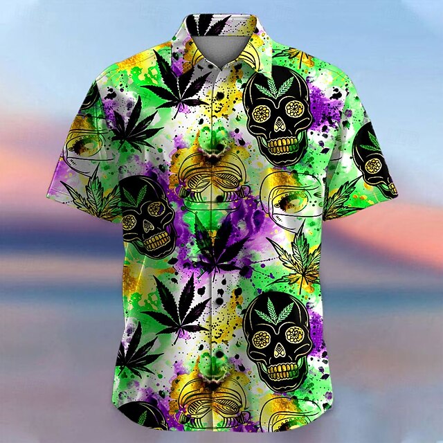 Men's Skull Summer Hawaiian Shirt Button Up Shirt Aloha Shirt Short Sleeve Shirt Collared Shirts Hawaiian Casual Vacation Party Evening Wear Daily Green S M L4