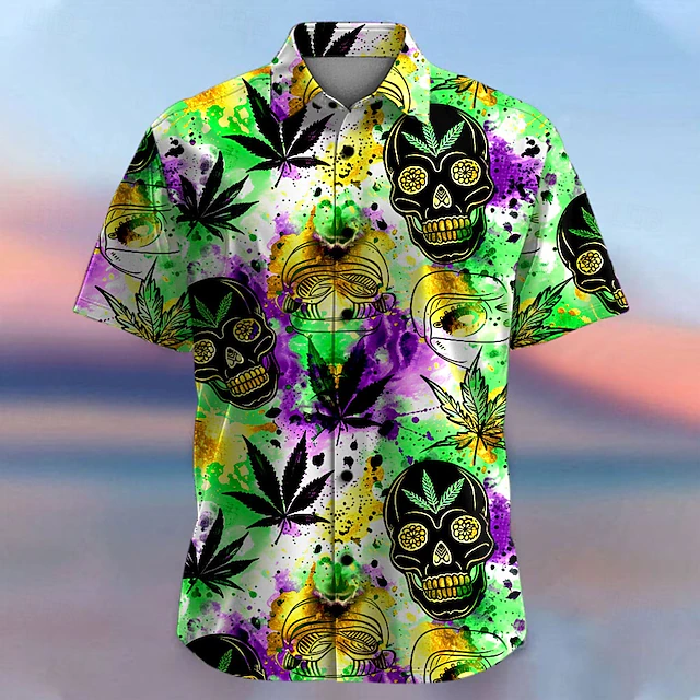 Men's Skull Summer Hawaiian Shirt Button Up Shirt Aloha Shirt Short Sleeve Shirt Collared Shirts Hawaiian Casual Vacation Party Evening Wear Daily Green S M L4