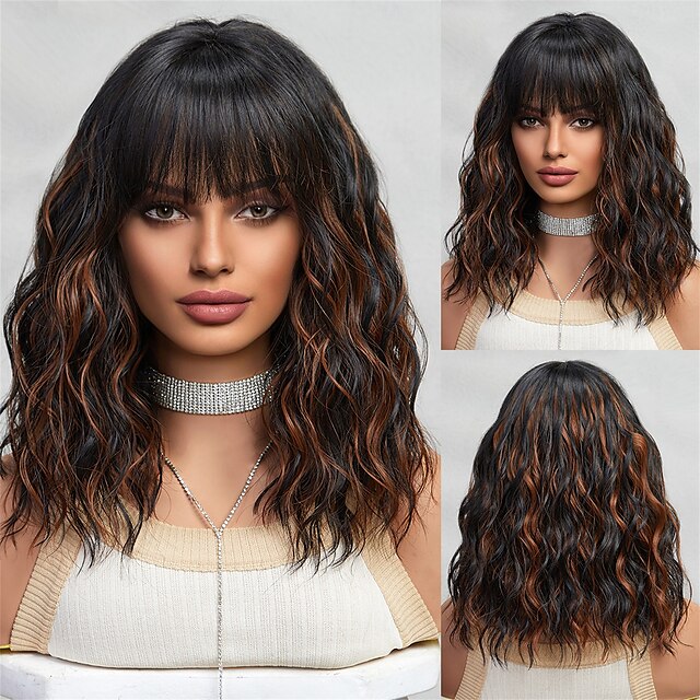  Perucas de Cosplay Encaracolado Ondas Soltas Prumo Franja Lisa Com Franjas Peruca 14 polegadas Preto / Marron Cabelo Sintético Mulheres Elástico Adorável Confortável Marrom Escuro