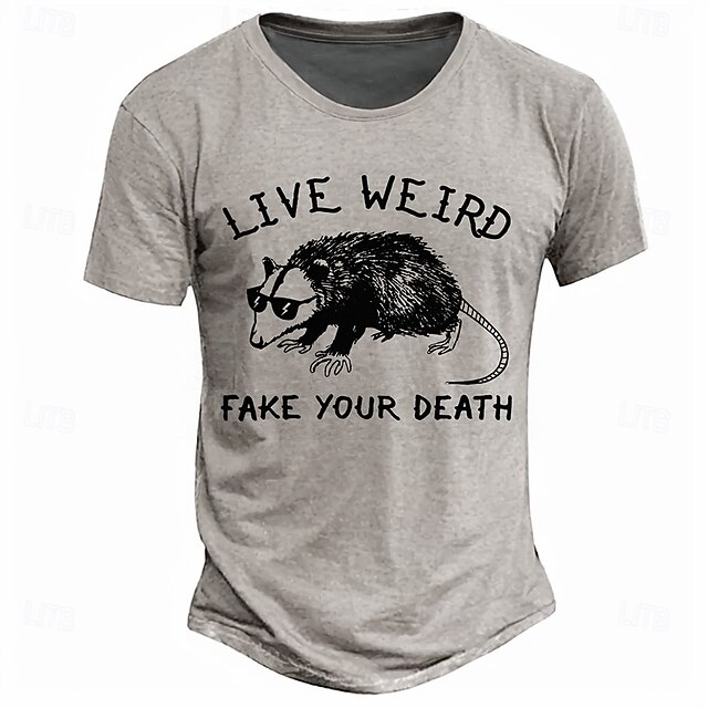 Men's T-Shirt, Live Weird Fake Your Death Opossum Graphic Short Sleeve Humor Lifestyle Tee 6