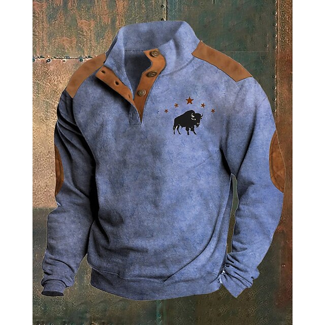 Men's Sweatshirt Blue Khaki Standing Collar Color Block Cow Stars Patchwork Sports & Outdoor Daily Holiday Polyester Streetwear Basic Casual Spring &  Fall Clothing Apparel Hoodies Sweatshirts  Long3