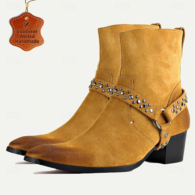 Men's Tan Suede Leather Motorcycle Boots with Studded Strap and Zipper Closure - Stylish Western-Inspired Biker Boots 12