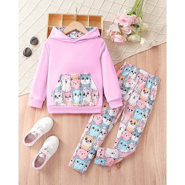  Girls' 3D Cartoon Cat Sports Suit Hoodie Set Tracksuits Long Sleeve Spring Fall Daily Casual Comfort Kids 4 years+ Hooded Outdoor Vacation Sports Tailored Fit