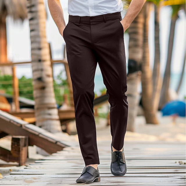 Men's Dress Pants Trousers Casual Pants Pocket Elastic Waist Straight Leg Plain Stretch Wedding Office Business Stylish Formal Black Wine High Waist Micro-elastic 9