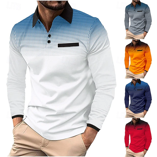 Men's Golf Shirt Golf Polo Work Casual Lapel Long Sleeve Basic Modern Polka Dot Color Block Patchwork Button Spring & Fall Regular Fit Iron Gray Wine White Light Green Pink Red Golf Shirt 14