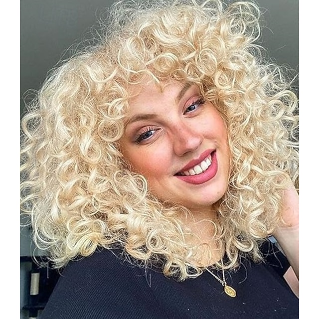  krøllede parykker til sorte kvinder kort krøllet paryk med pandehår stort løst sødt kinky krøllet hår syntetiske bløde parykker til daglig fest cosplay