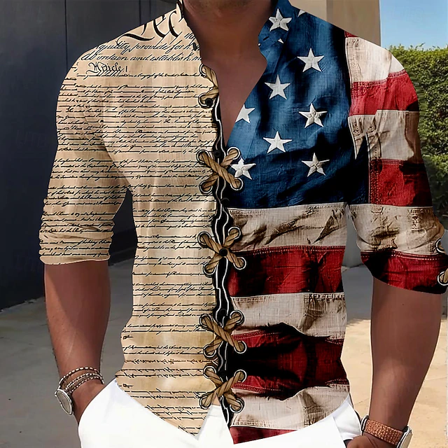 American Independence Day Men's American Flag Patriotic Button Up Shirt Long Sleeve Casual Vacation Daily Summer Spring & Fall Grandad Collar Band Collar 3D Print Brown2