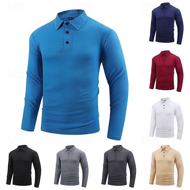 Men's Golf Shirt Golf Polo Work Casual Lapel Long Sleeve Basic Modern Plain Button Spring & Fall Regular Fit Wine Black White Navy Blue Royal Blue Dark Gray Golf Shirt 10