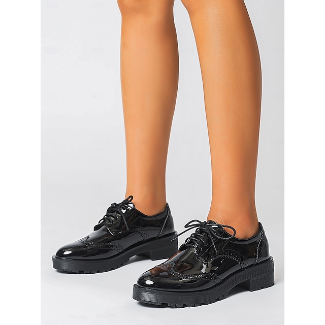  Women's Black Patent Leather Brogue Oxford Shoes with Chunky Sole - Stylish Lace-Up Dress Shoes for Casual and Formal Wear