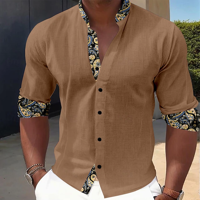Men's Dress Shirt Button Up Shirt Vacation Daily Black Ink Blue Brown Long Sleeve Grandad Collar Summer Spring & Fall Clothing Apparel 3D Print 6