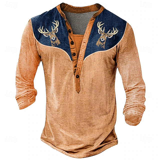 Men's Halloween Deer Henley Shirt Long Sleeve 3D Print Daily Ethnic Party Street Casual Winter Spring & Fall Blue Orange Gray Henley Henley T-Shirt 6