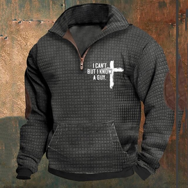 Men's Sweatshirt Waffle Sweatshirt Quarter Zip Sweatshirt Royal Blue Dark Gray Half Zip Letter Print Ribbed Textured Sports & Outdoor Daily Holiday Polyester Streetwear Basic Casual Spring &  Fall3