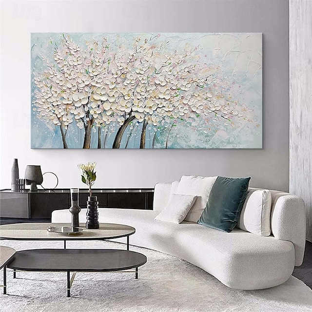  handgemachtes großes 3D-Blumenölgemälde auf Leinwand, handgemaltes weißes Kirschblütengemälde, großes Wandkunstgemälde, handgemachtes Palettenmessergemälde, strukturiertes Acrylgemälde,