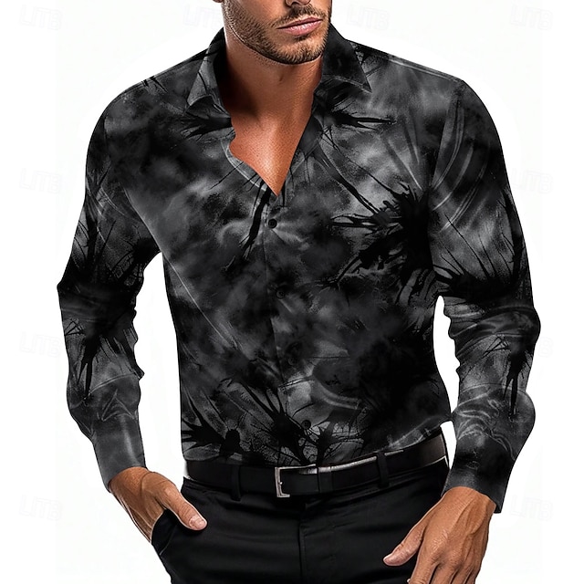  Herren Satinhemd Knopfhemd Batik Urlaub Party-Abendgarderobe Schwarz Blau Purpur Langarm Hemden mit Kragen Sommer Frühling Bekleidung Knopf hoch