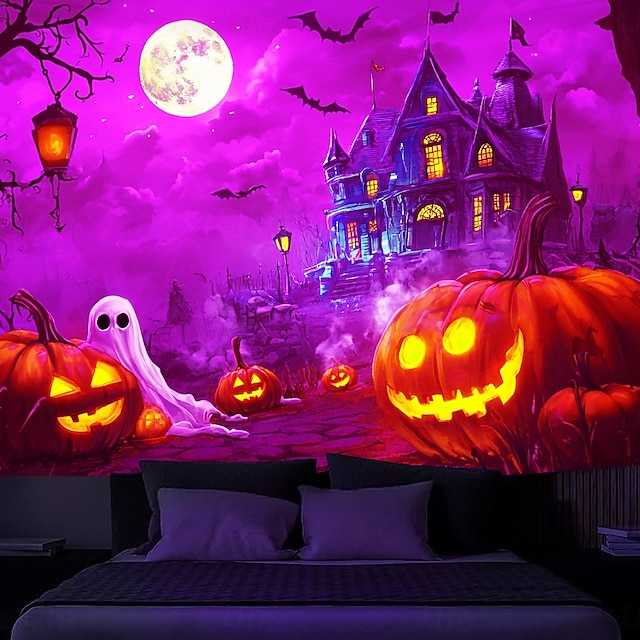 ハロウィーンの飾り、ブラックライトタペストリー、紫外線反応、暗闇で光る、光るパーティー、お化け屋敷、サイケデリック、トリッピー、霧の垂れ下がったタペストリー、リビングルーム、寝室用壁画、ゴースト、カボチャ