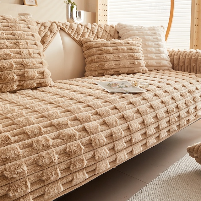  soffice copridivano a righe in peluche - tessuto ultra morbido e accogliente - elegante design a righe - protegge il divano da macchie, schizzi e graffi - migliora il comfort e l'arredamento