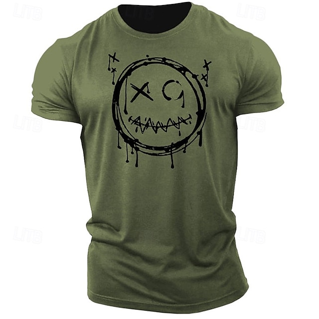  Hombre Gracioso Cara de la sonrisa Camiseta Camiseta superior 100% Algodón Manga Corta Gráfico Camisa Verde Ejército Camiseta cómoda Calle Deporte Ropa de diseñador de moda
