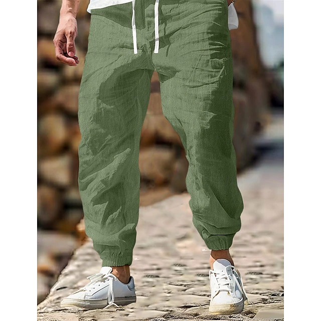 Men's Linen Pants Trousers Summer Pants Elastic Waist Straight Leg High Rise Solid Color Comfort Breathable Full Length Outdoor Home Casual Vacation Fashion Gray Green Black High Waist Inelastic 15