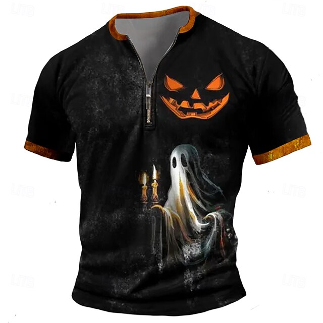 Halloween Men's Pumpkin Boo T Shirt Short Sleeve T shirt 3D Print Half Zip Shirt Retro Vintage Street Casual Daily Black Summer Spring Clothing Apparel S M L XL XXL XXXL4
