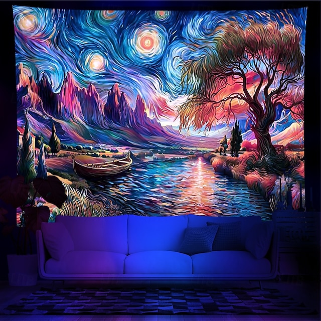  blacklight billedvev uv reaktiv glød i mørket glød fest stjernehimmel psykedelisk trippy tåkete natur landskap hengende billedvev veggkunst veggmaleri for stue soverom