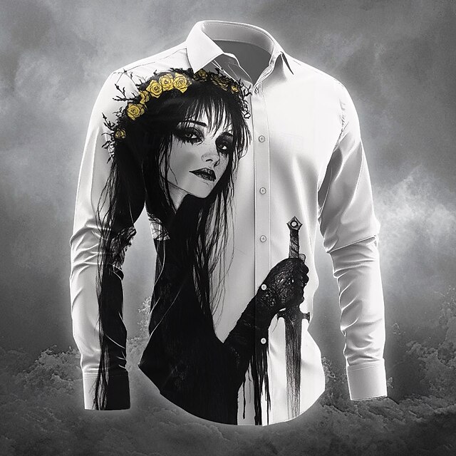 Halloween Men's Gothic Horror Halloween Costumes Button Up Shirt Long Sleeve Horror Dark Party Evening Wear Fall Winter Spring & Summer Shirt Collar 3D Print Black4