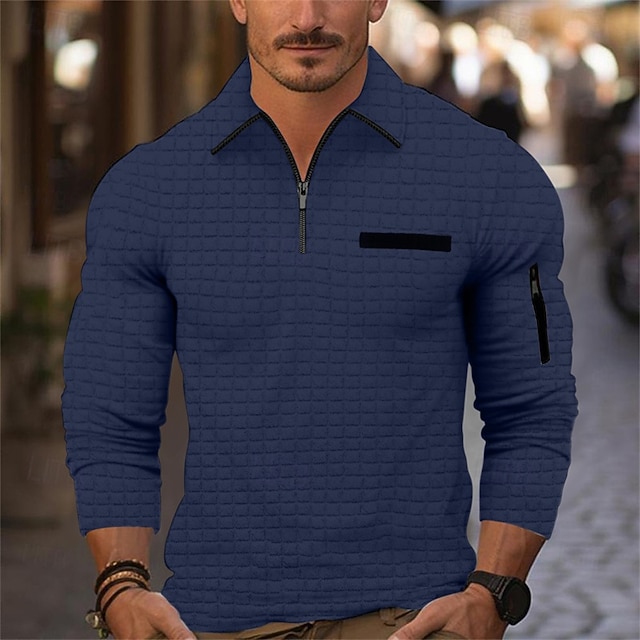 Herre Vaffel poloshirt Kvart lynlås polo Daglig Ferie Kvartals lynlås Langærmet Mode Moderne Vanlig Forår & Vinter Regulær Sort Hvid Navyblå Orange Mørkegrå Grå Vaffel poloshirt