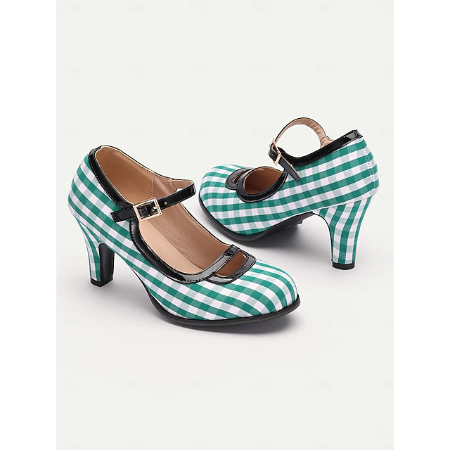 Women's Green Gingham Mary Jane High Heels with Buckle Strap, Retro Style for Vintage-Inspired Outfits and Costume Parties 13