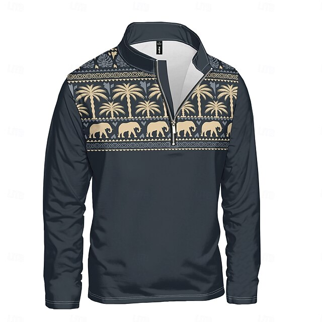 Men's Florals Hoodies Daily Casual Long Sleeve Stand Collar Vacation Going out Streetwear Dark Blue Print Spring &  Fall Designer3